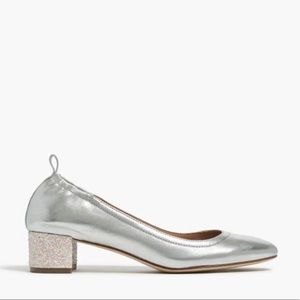 J. Crew Silver Leather Midblock Glitter Heel